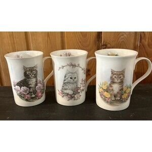 Vintage Crown Trent Kittens in the Garden Mugs Fine Bone China England Set of 3